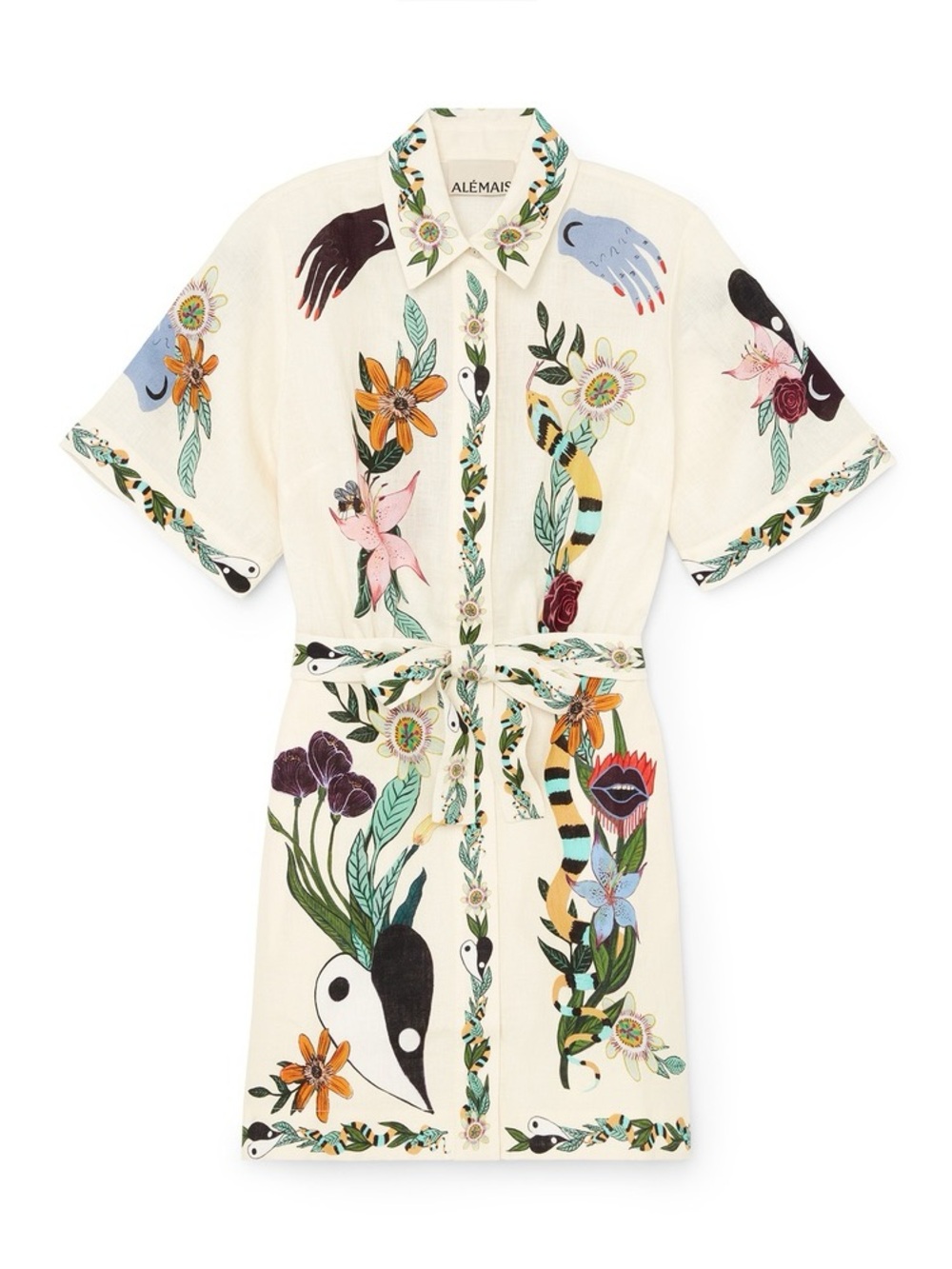 Cream Short-Sleeve Floral Shirt Dress